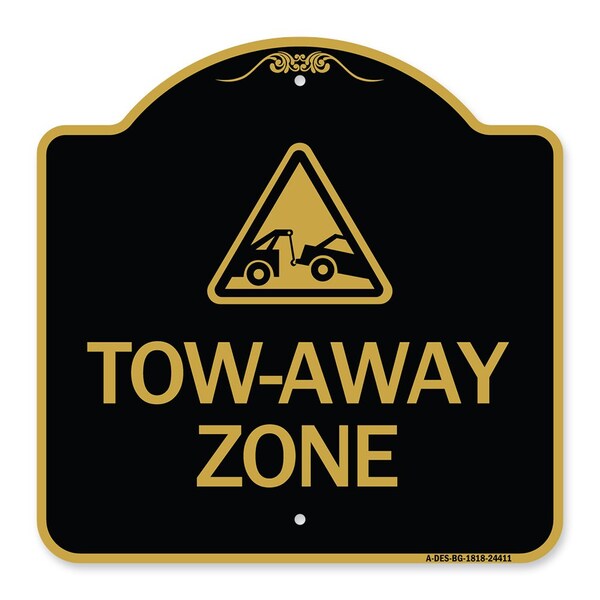 Designer Series Tow-Away Zone W/ Graphic, Black & Gold Aluminum Sign, 18" x 18", BG-1818-24411
